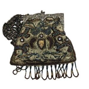 Vintage Beaded Dragonfly Purse Snake Clasp Fringe Evening Bag Art Deco